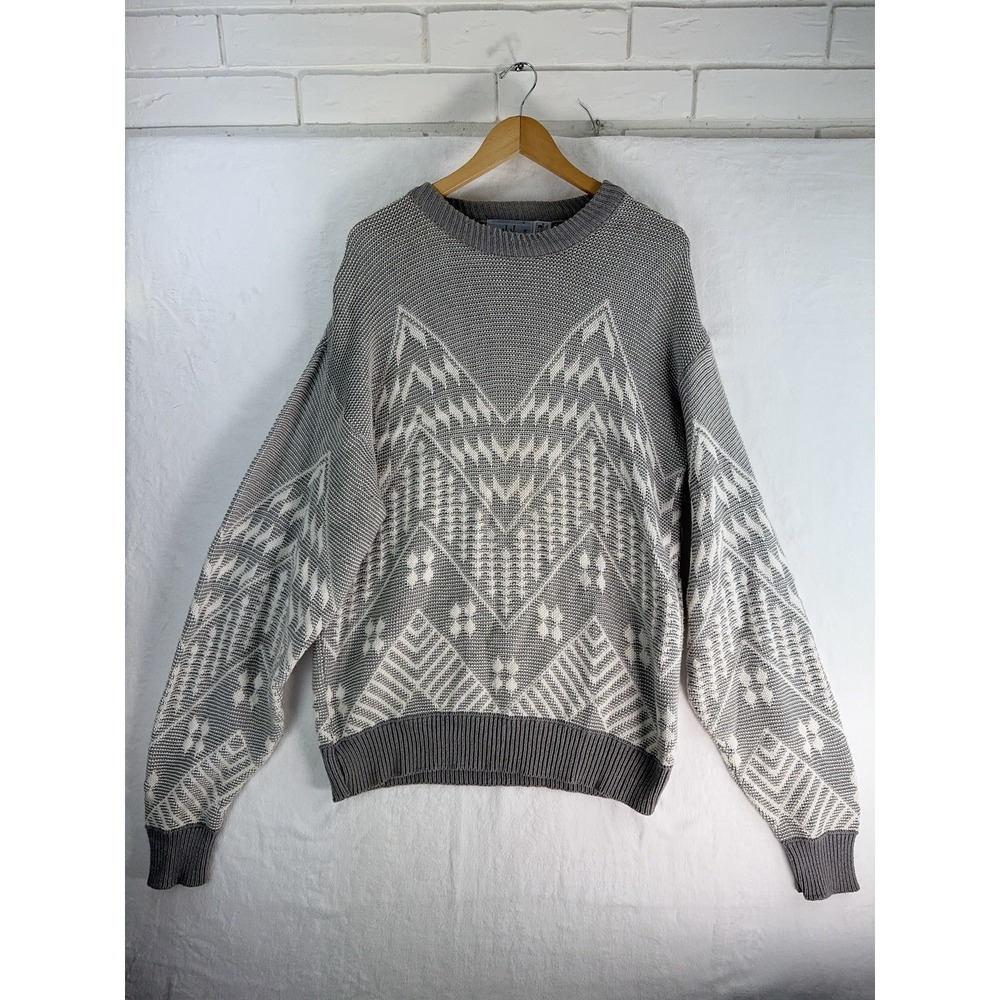 Vintage J J Cochran Sweater Mens XL Gray White Aztec Geometric Knit Pullover 90s